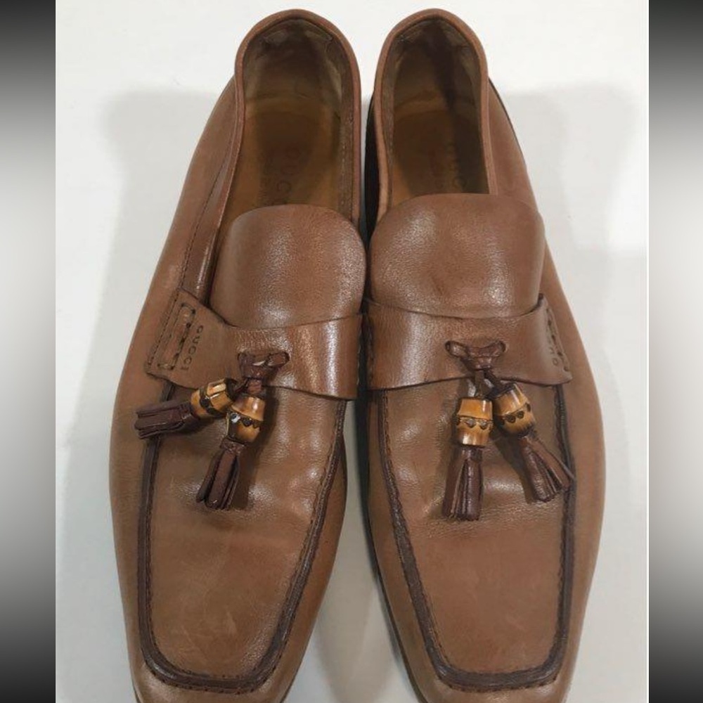 Men’s Gucci Dark Tan Leather Tassel Slip On Loafers Size 8.5D